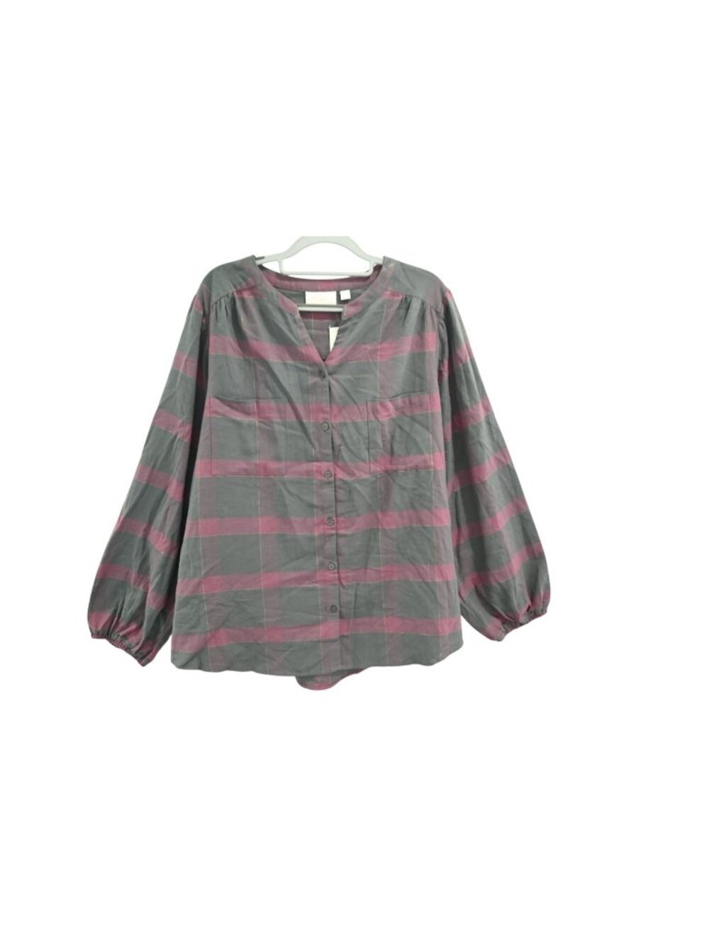 NWT Belle Kim Gravel Plaid Button Front Blouse Sz XL Gray Purple Balloon Sleeve